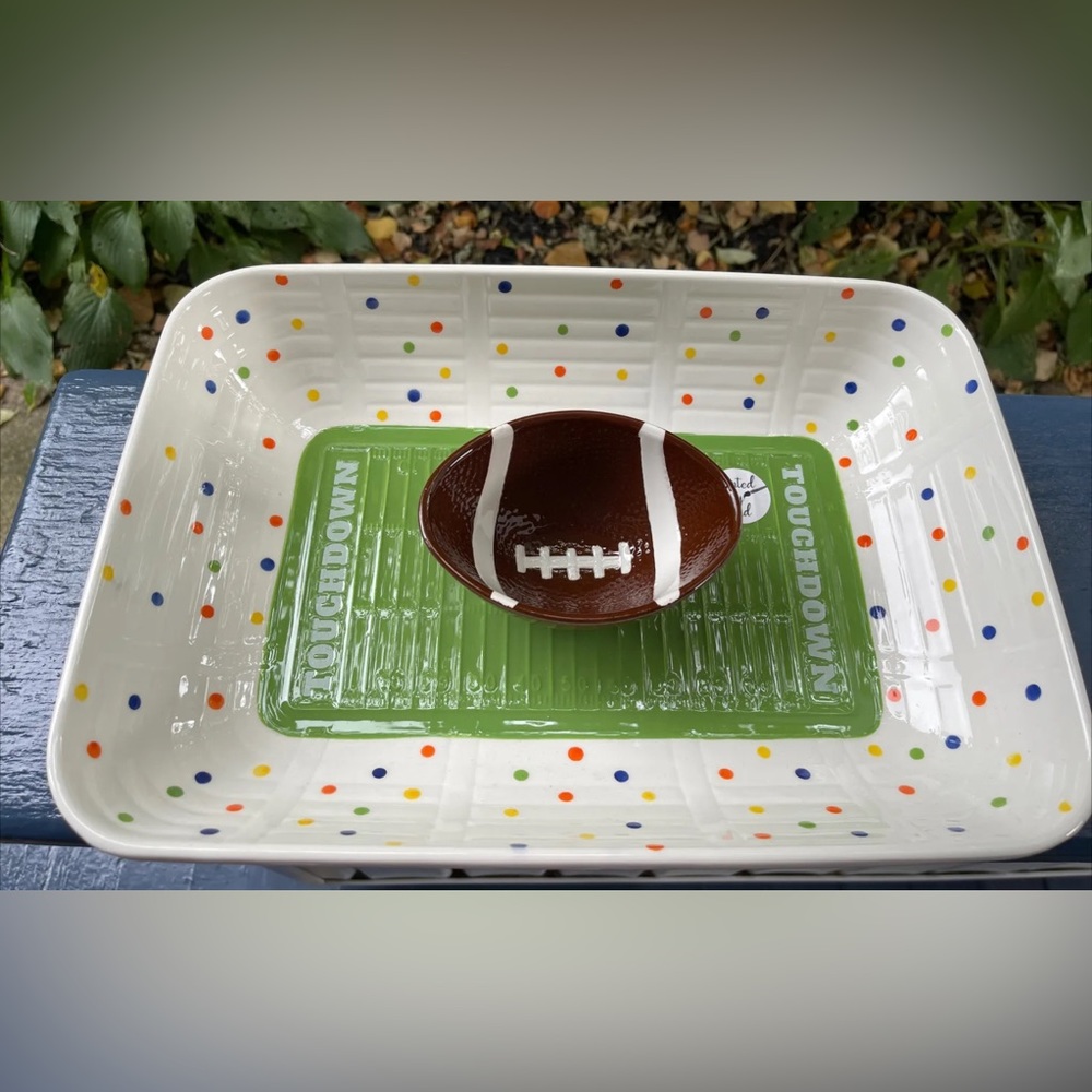 TOUCHDOWN SUPERBOWL Football Field Chip Dip Platter Appetizer Plate Hand Painted